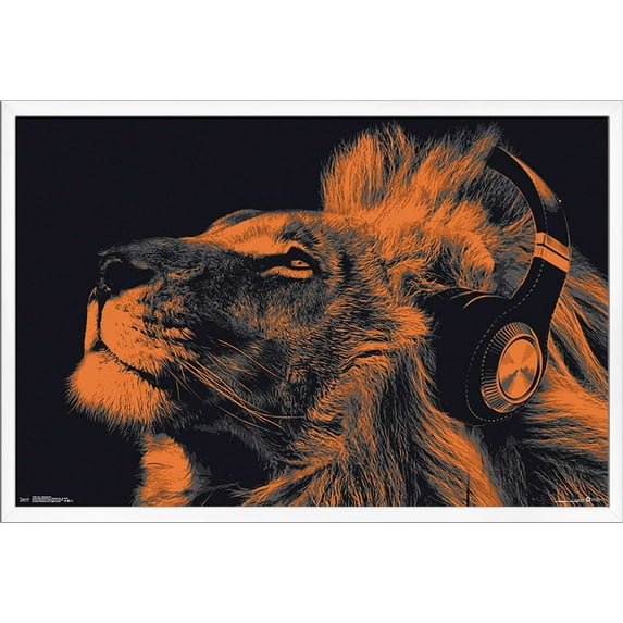 Lion With Headphones Wall Poster, 22.375" x 34", Framed