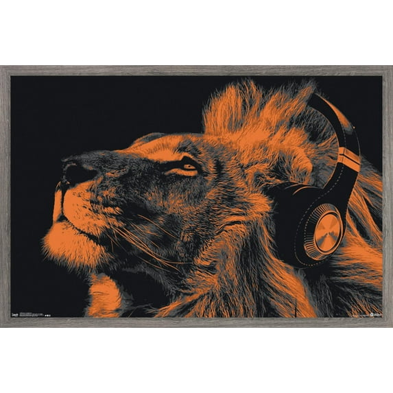 Lion With Headphones Wall Poster, 22.375" x 34", Framed