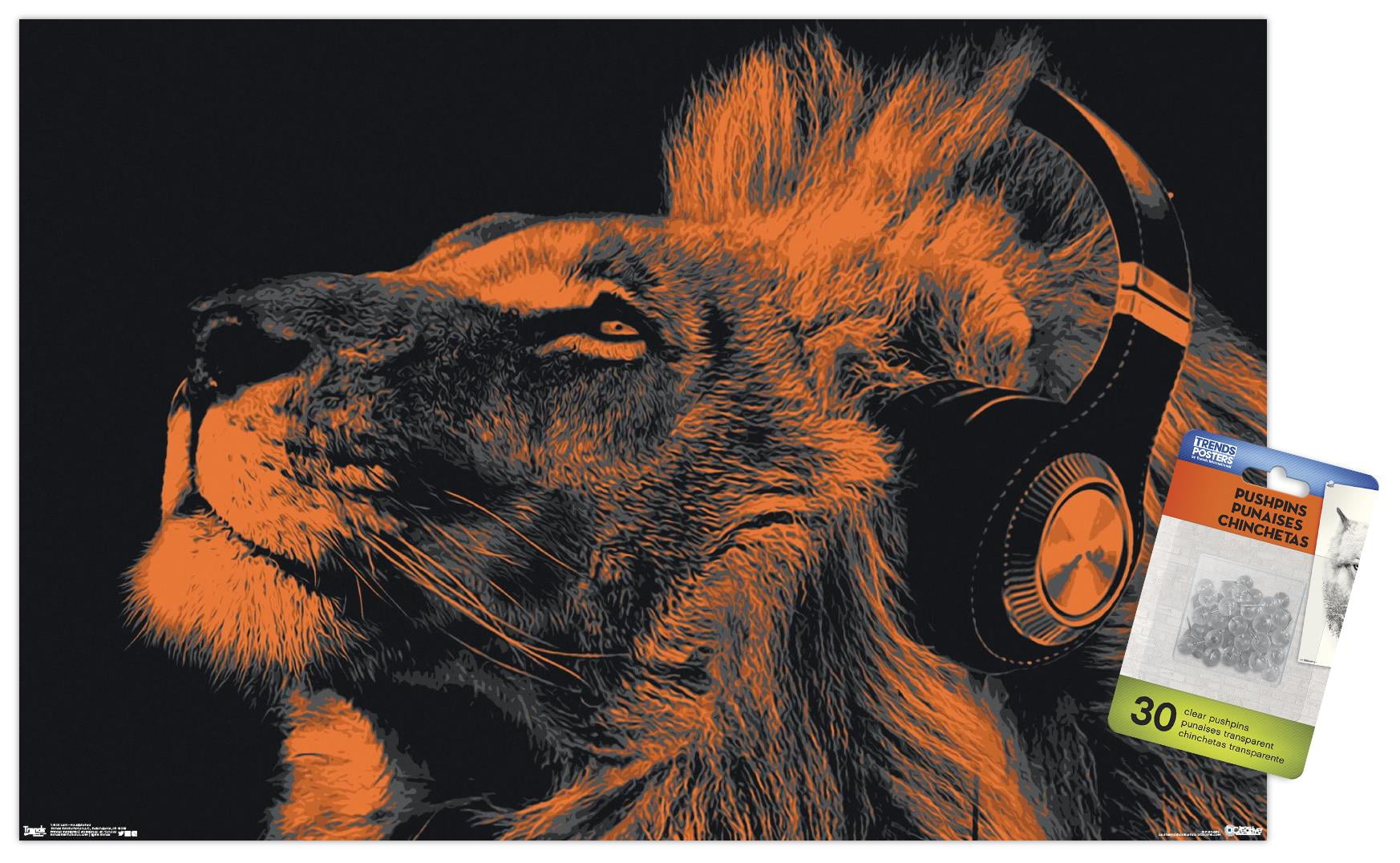 Lion With Headphones Wall Poster with Push Pins, 14.725" x 22.375"