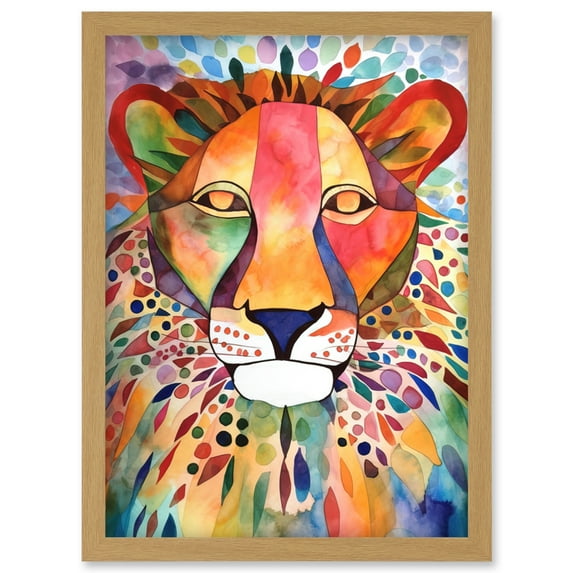 Lion With Multicoloured Pattern Mane Folk Art Watercolour Painting Artwork Framed Wall Art Print A4