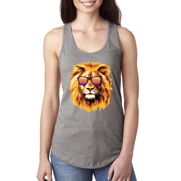 Lion With Sunglasses Animal Lover Ladies Racerback Tank Top, Heather Grey, Large