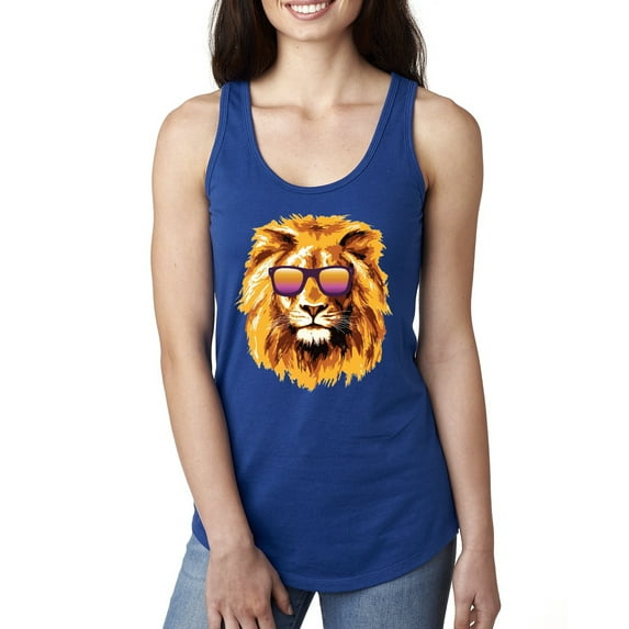 Lion With Sunglasses Animal Lover Ladies Racerback Tank Top, Royal, Medium