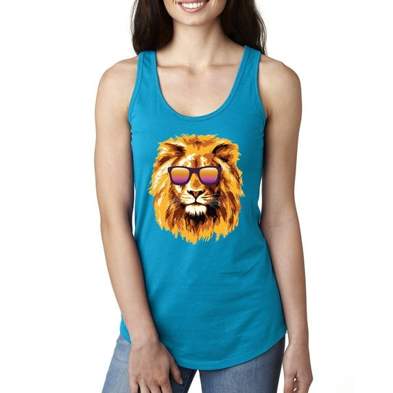 Lion With Sunglasses Animal Lover Ladies Racerback Tank Top, Turquoise, Small