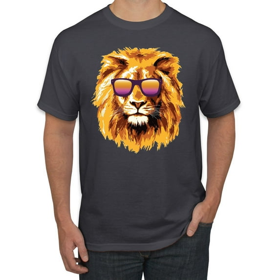 Lion With Sunglasses Animal Lover Men's Graphic T-Shirt, Charcoal, 2XL