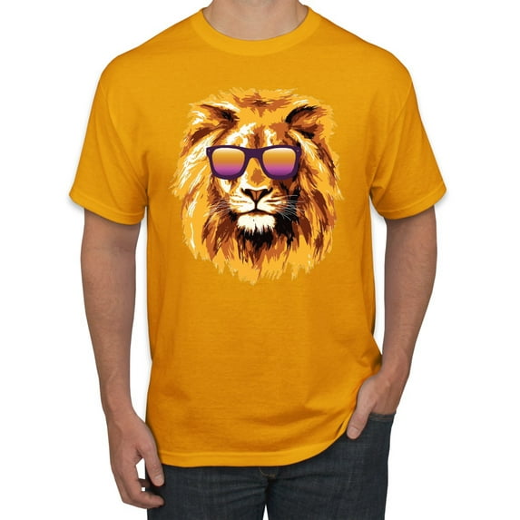 Lion With Sunglasses Animal Lover Men's Graphic T-Shirt, Gold, 5XL