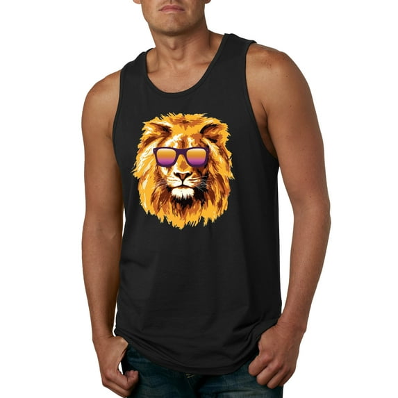 Lion With Sunglasses Animal Lover Mens Graphic Tank Top, Black, Large