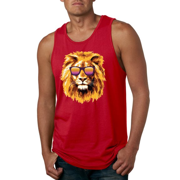 Lion With Sunglasses Animal Lover Mens Graphic Tank Top, Red, Large