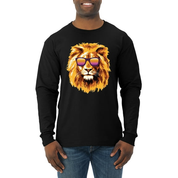 Lion With Sunglasses Animal Lover Mens Long Sleeve Shirt, Black, Small