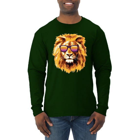Lion With Sunglasses Animal Lover Mens Long Sleeve Shirt, Forest Green, X-Large