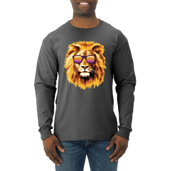 Lion With Sunglasses Animal Lover Mens Long Sleeve Shirt, Heather Black, Small