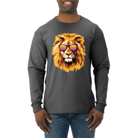 Lion With Sunglasses Animal Lover Mens Long Sleeve Shirt, Heather Black, Small