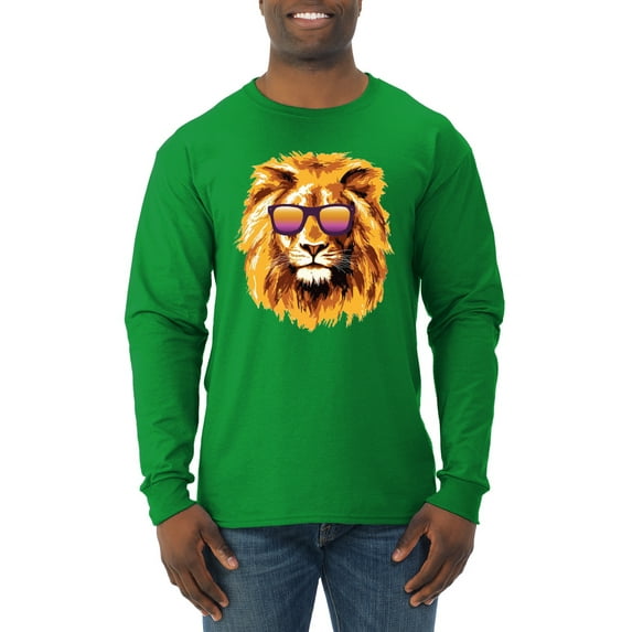 Lion With Sunglasses Animal Lover Mens Long Sleeve Shirt, Kelly, 2XL