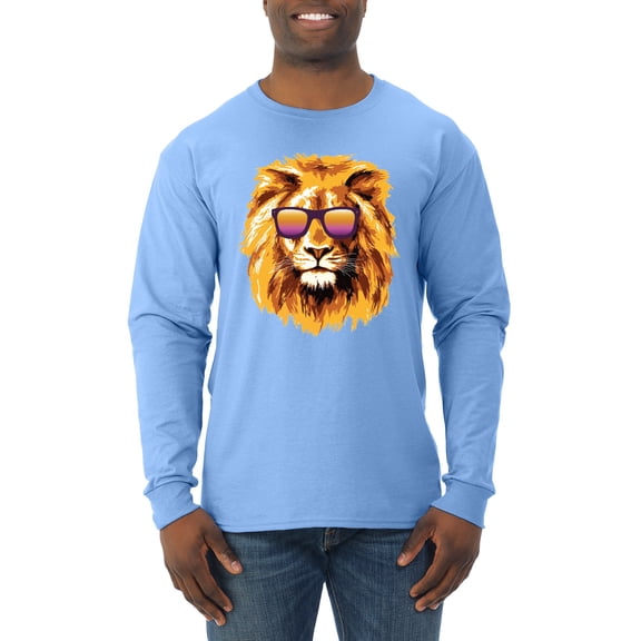 Lion With Sunglasses Animal Lover Mens Long Sleeve Shirt, Light Blue, 2XL