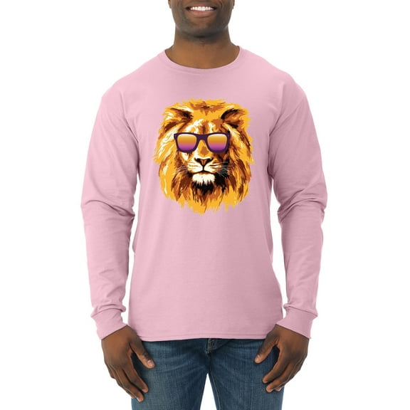 Lion With Sunglasses Animal Lover Mens Long Sleeve Shirt, Light Pink, Large