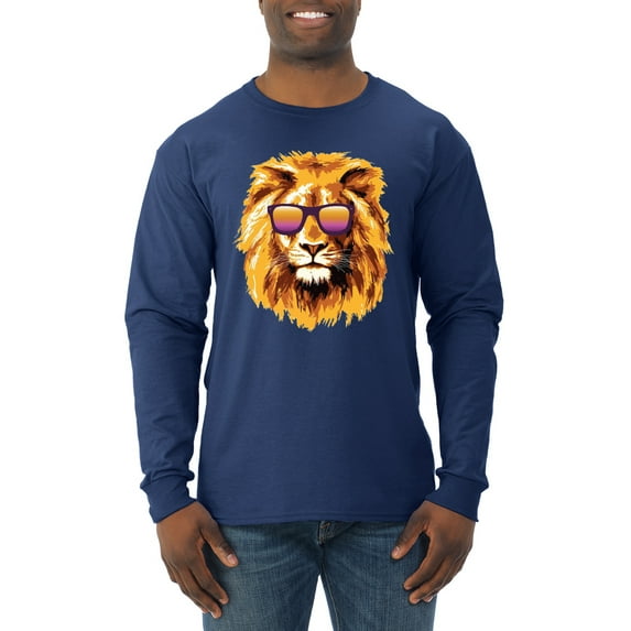 Lion With Sunglasses Animal Lover Mens Long Sleeve Shirt, Navy, Large
