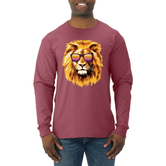 Lion With Sunglasses Animal Lover Mens Long Sleeve Shirt, Vintage Heather Red, Large