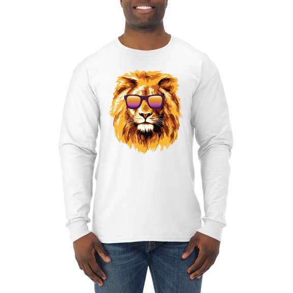 Lion With Sunglasses Animal Lover Mens Long Sleeve Shirt, White, Large
