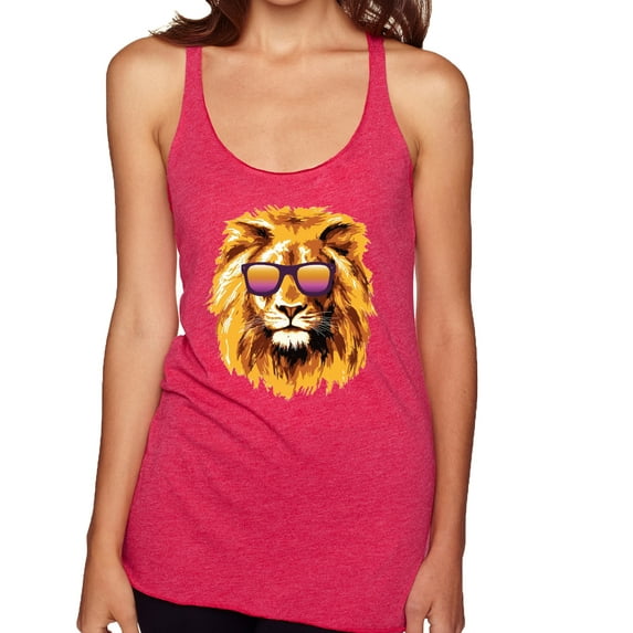 Lion With Sunglasses Animal Lover Tri-Blend Racerback Tank Top, Shocking Pink, Large