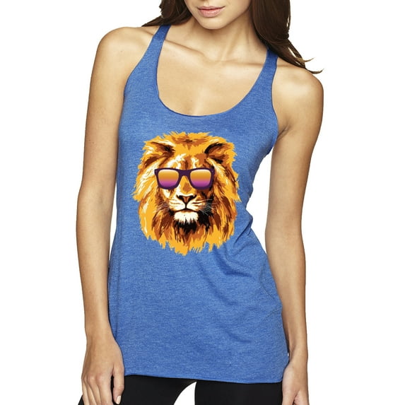 Lion With Sunglasses Animal Lover Tri-Blend Racerback Tank Top, Vintage Royal, Large