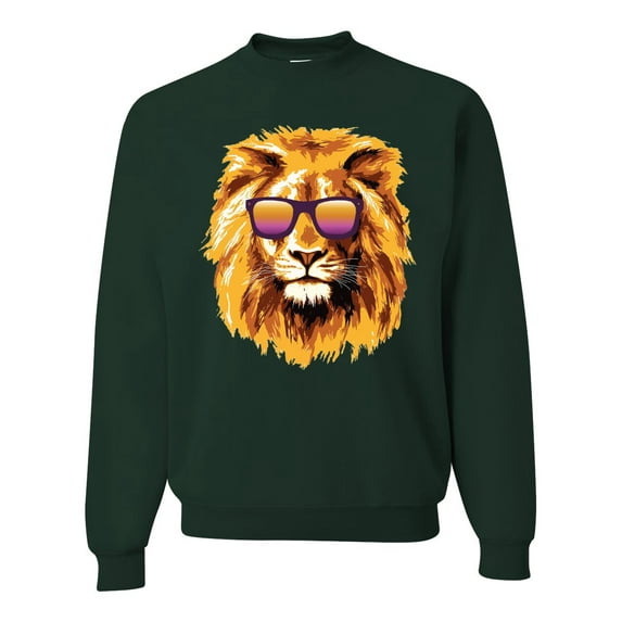 Lion With Sunglasses Animal Lover Unisex Crewneck Graphic Sweatshirt, Forest Green, Large