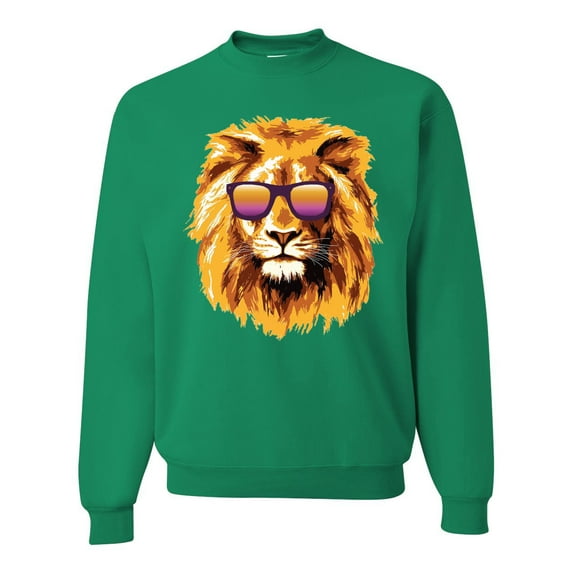 Lion With Sunglasses Animal Lover Unisex Crewneck Graphic Sweatshirt, Kelly, X-Large