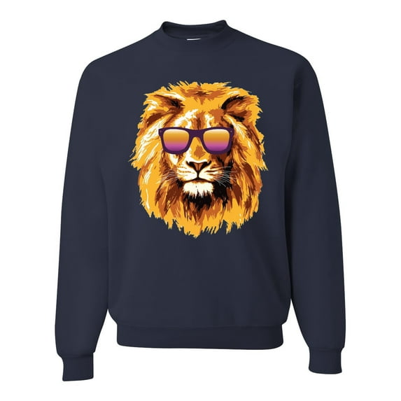 Lion With Sunglasses Animal Lover Unisex Crewneck Graphic Sweatshirt, Navy, Small