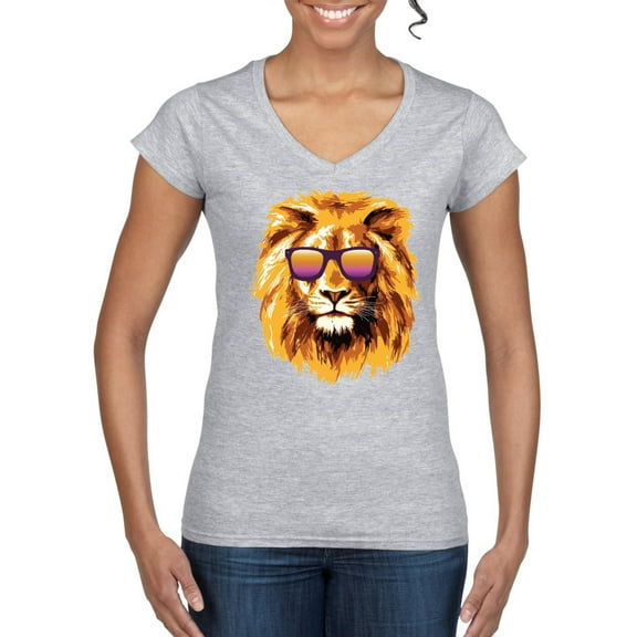 Lion With Sunglasses Animal Lover Womenâ€™s Standard V-Neck Tee, Heather Grey, 2XL