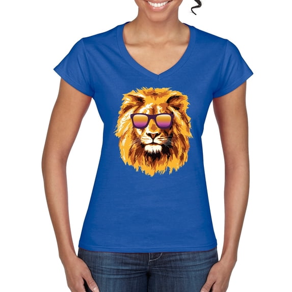 Lion With Sunglasses Animal Lover Women’s Standard V-Neck Tee, Royal, Large