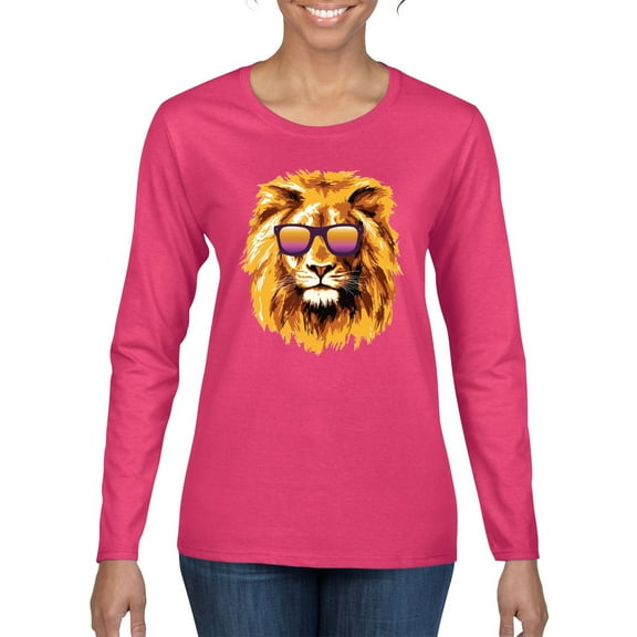 Lion With Sunglasses Animal Lover Womens Graphic Long Sleeve T-Shirt, Fuschia, Small