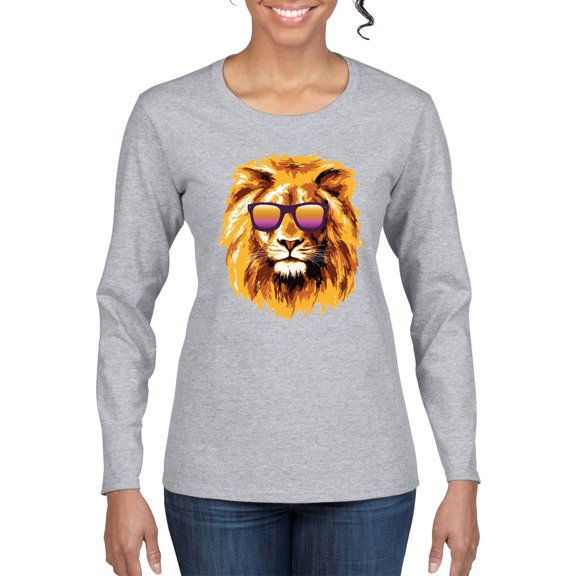 Lion With Sunglasses Animal Lover Womens Graphic Long Sleeve T-Shirt, Heather Grey, X-Large