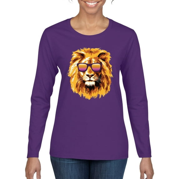 Lion With Sunglasses Animal Lover Womens Graphic Long Sleeve T-Shirt, Purple, Medium