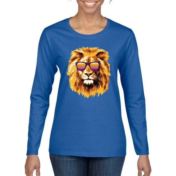 Lion With Sunglasses Animal Lover Womens Graphic Long Sleeve T-Shirt, Royal, 2XL