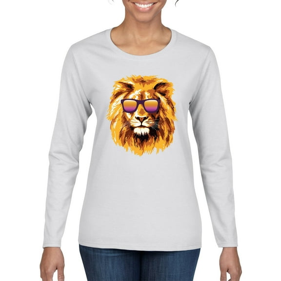 Lion With Sunglasses Animal Lover Womens Graphic Long Sleeve T-Shirt, White, Large