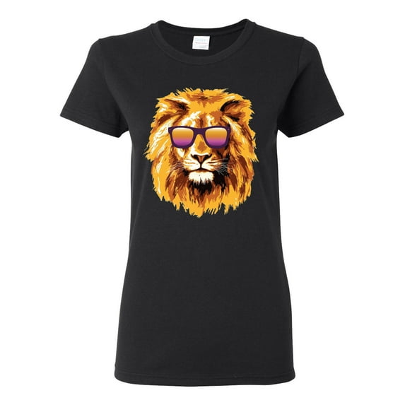 Lion With Sunglasses Animal Lover Womens Graphic T-Shirt, Black, Small