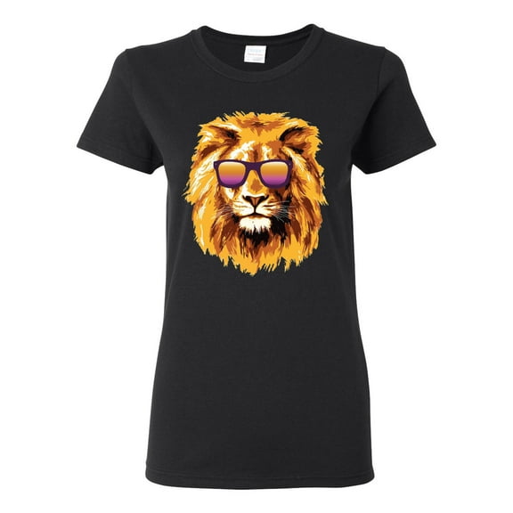Lion With Sunglasses Animal Lover Womens Graphic T-Shirt, Black, Small