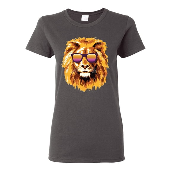 Lion With Sunglasses Animal Lover Womens Graphic T-Shirt, Charcoal, 3XL