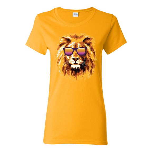 Lion With Sunglasses Animal Lover Womens Graphic T-Shirt, Gold, 2XL