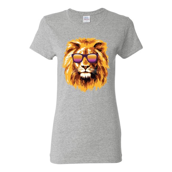 Lion With Sunglasses Animal Lover Womens Graphic T-Shirt, Heather Grey, X-Large