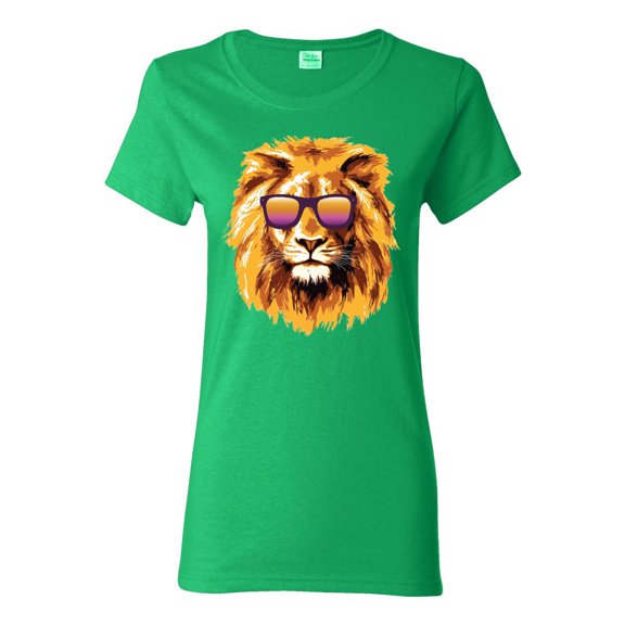 Lion With Sunglasses Animal Lover Womens Graphic T-Shirt, Kelly, Medium