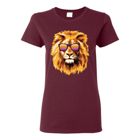 Lion With Sunglasses Animal Lover Womens Graphic T-Shirt, Maroon, Small
