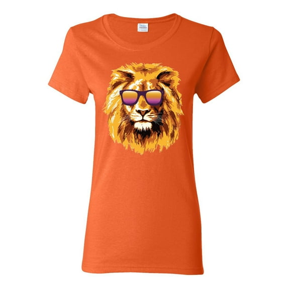Lion With Sunglasses Animal Lover Womens Graphic T-Shirt, Orange, Large