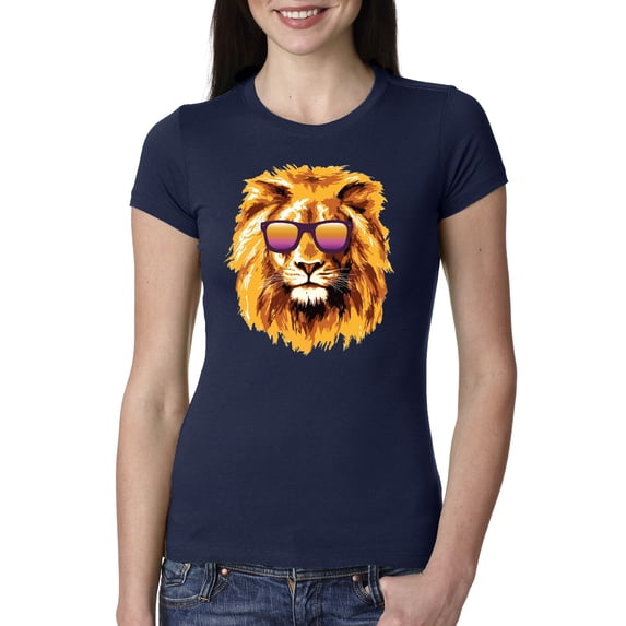 Lion With Sunglasses Animal Lover Womens Slim Fit Junior Tee, Navy, Large