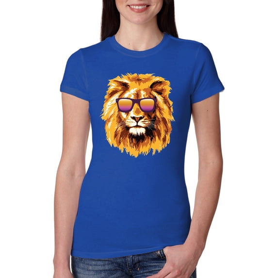 Lion With Sunglasses Animal Lover Womens Slim Fit Junior Tee, Royal, Large