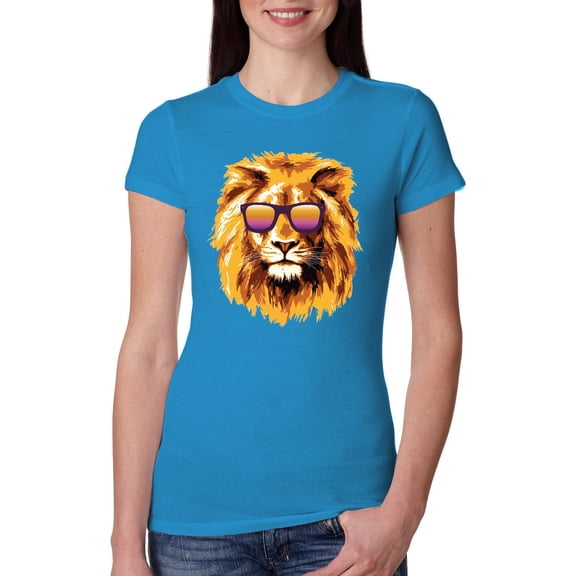 Lion With Sunglasses Animal Lover Womens Slim Fit Junior Tee, Turquoise, Medium