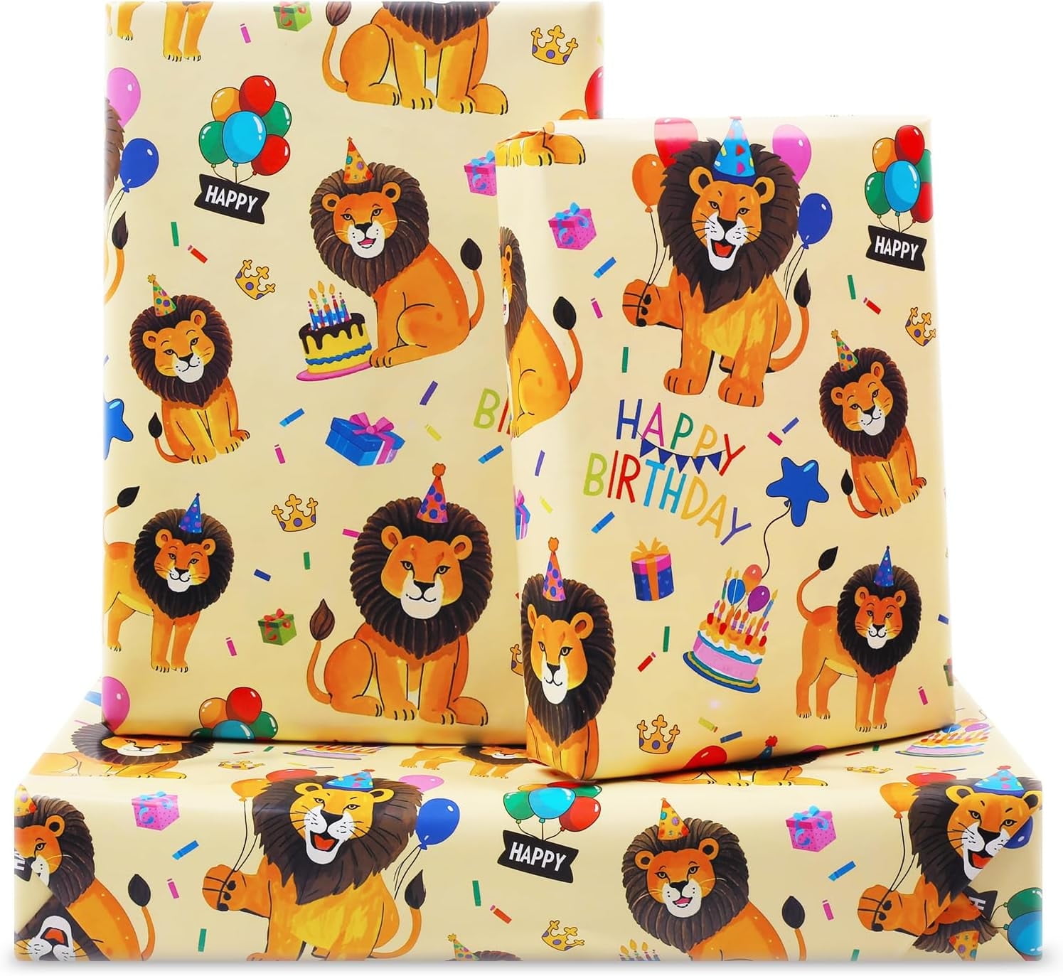 Lion Wrapping Paper for Boy Kids, Lion Safari Jungle Party Baby Lion King With Birthday Hat and Balloon Wrapping Paper 6 Sheets Foled Flat 20x28 Inches per Sheet, Lion Gift Wrap For Birthday Party