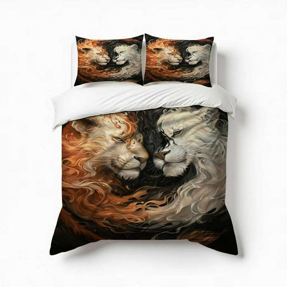 Lion Yin Yang Art Print Bedding Set 3 Pcs Soft Microfiber Quilt Cover For Bedroom Decor, Comforter Cover With 2 Pillowcase
