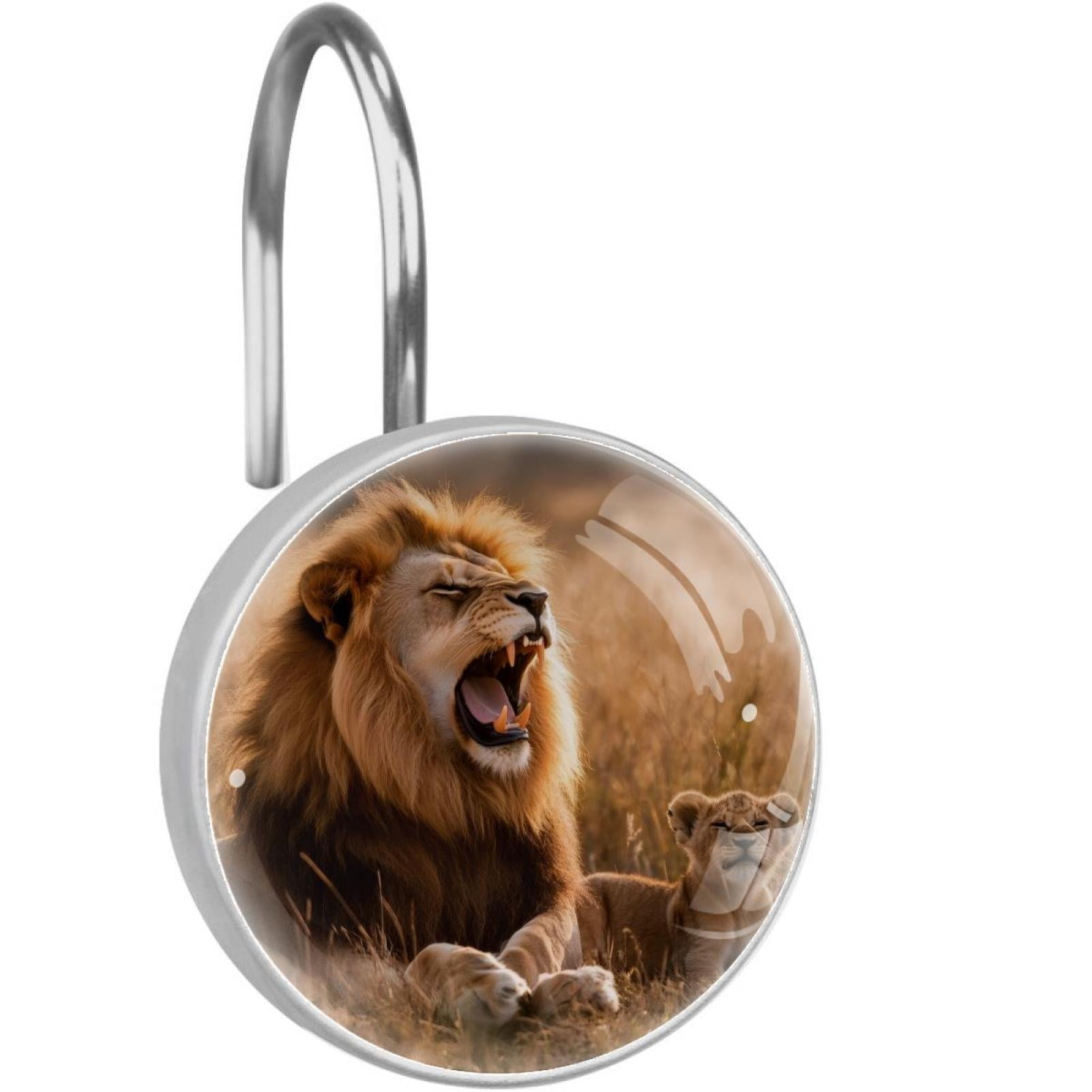 Lion and Cubs on Prairie Shower Curtain Hooks Round Crystal Glass, Set of 12 Shower Curtain Rings - Shower Hooks for Curtain Shower Rings
