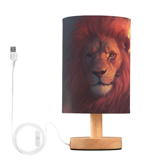 Lion and Fire Table Lamp USB Bedside Desk Nightstand Lamp Printed Gifts Small Lamp Wood Base for Bedroom Living Room Kids Room College Dorm