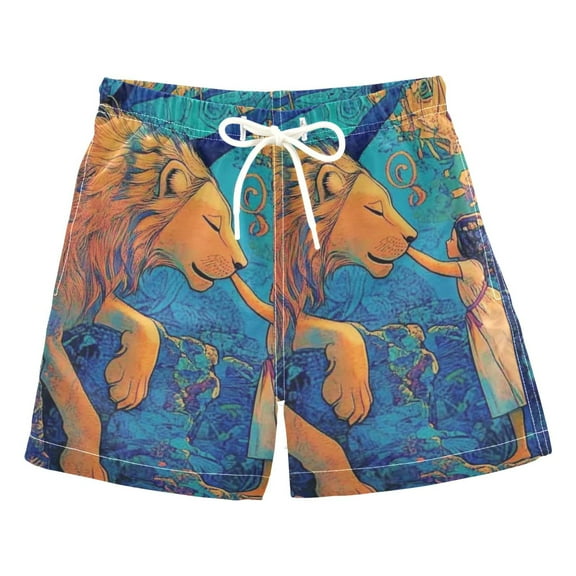 Lion and Girl Boys Swim Trunks Quick Dry Boy Swim Shorts for 3-14 Years