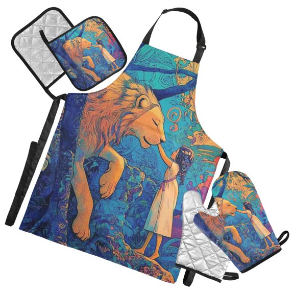 Lion and Girl Oven Mitts and Pot Holders with Chef Apron Set 5 Pcs Kitchen Cooking Set